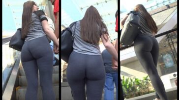 Sexy Girl Big Booty in Grey Spandex at the Mall