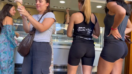 Two Girlfriends with Sexy Butts in Spandex Shorts