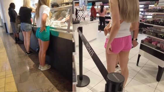 Two Girls Blonde in Sexys Shorts of Shopping