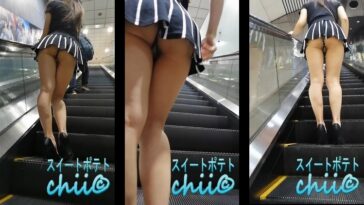 Asian JAV Pcolle Black Miniskirt with White Stripes in Thong