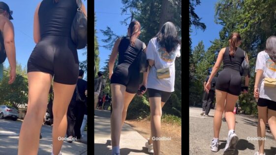 Woman with Big Booty in Spandex Shorts Walking with her Mother