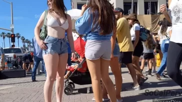 Group of Sexy Friends in Mini Shorts with Beautiful Legs Walking